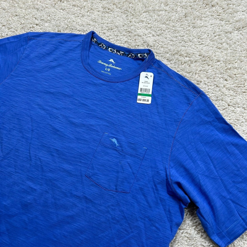 Tommy Bahama T-Shirt Large Blue Bali Beach Crew SS Slub Cotton Pocket Tee New